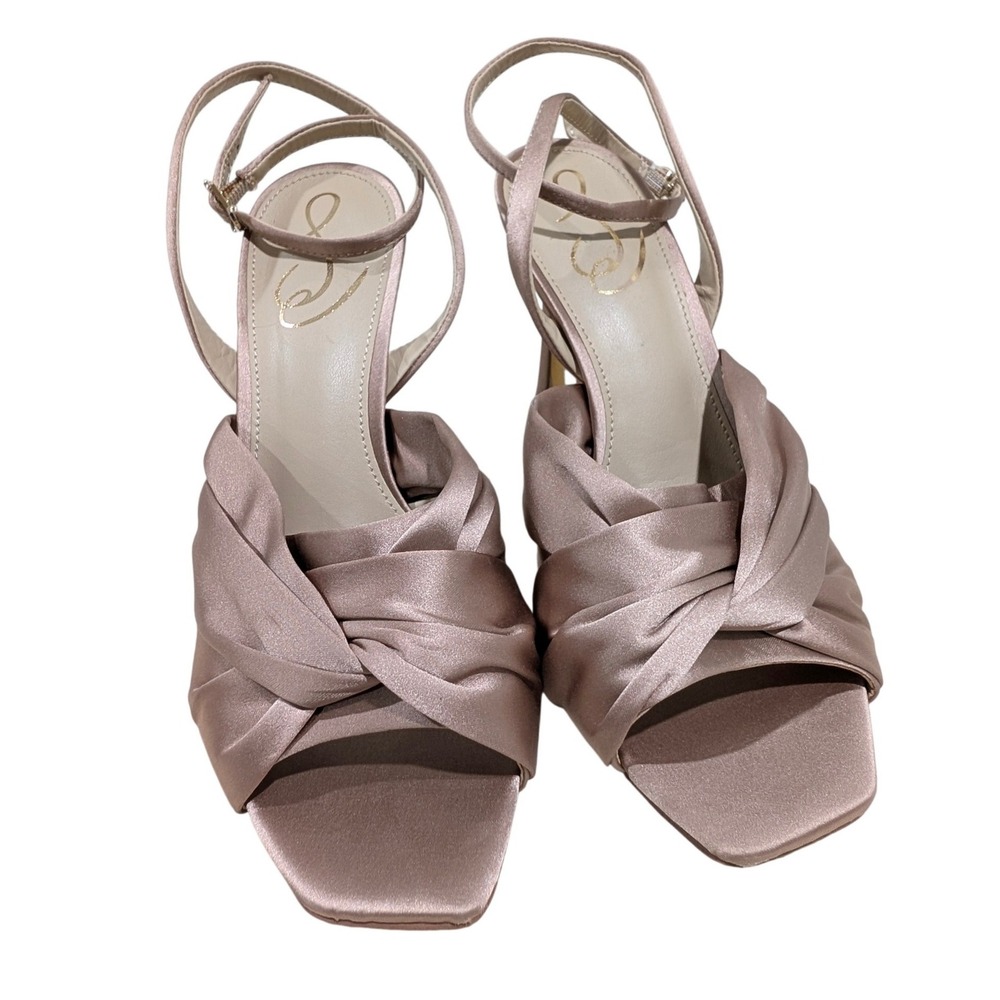 Sam Edelman Satin Twisted Square Toe Flared Heel Sandals Mauve 8M Wedding Glam